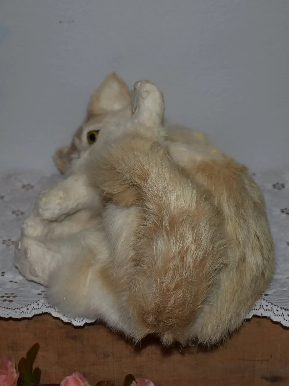 Vintage Antique Real Rabbit Fur Realistic Cat Figure Decor